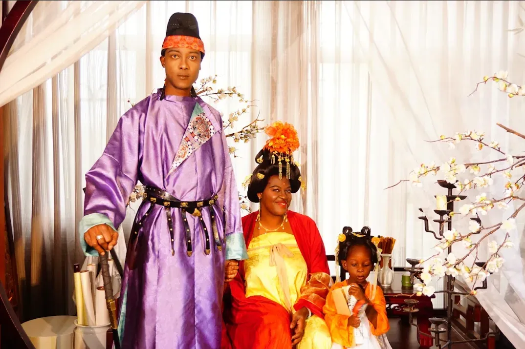 International students experiencing Tang Dynasty culture, wearing traditional hanfu and showcasing the diverse and inclusive spirit of ancient China